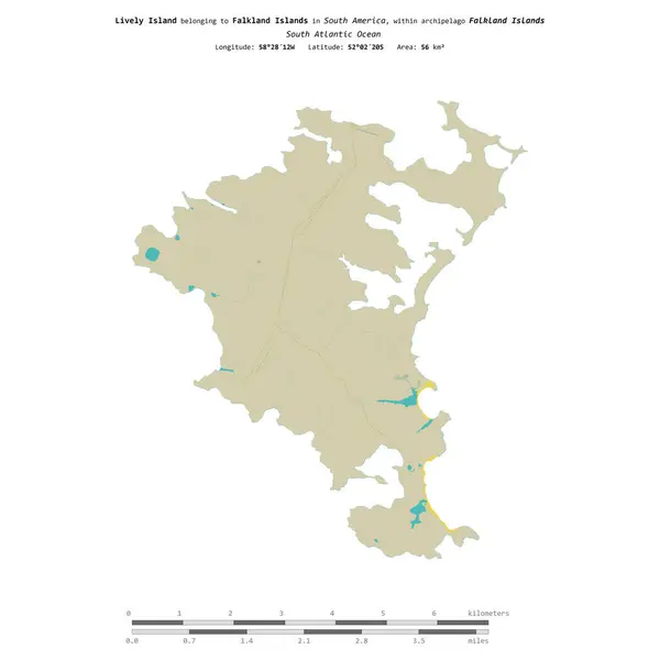 stock image Lively Island in the South Atlantic Ocean, belonging to Falkland Islands, isolated on a topographic, OSM Humanitarian style map, with distance scale