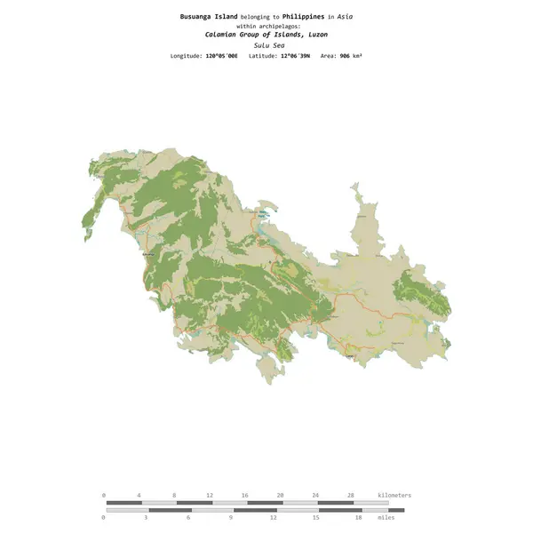 stock image Busuanga Island in the Sulu Sea, belonging to Philippines, isolated on a topographic, OSM Humanitarian style map, with distance scale