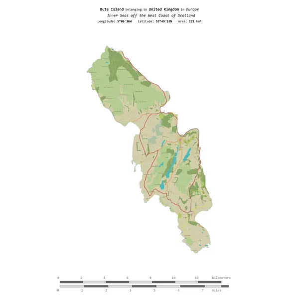 stock image Bute Island in the Inner Seas off the West Coast of Scotland, belonging to United Kingdom, isolated on a topographic, OSM Humanitarian style map, with distance scale