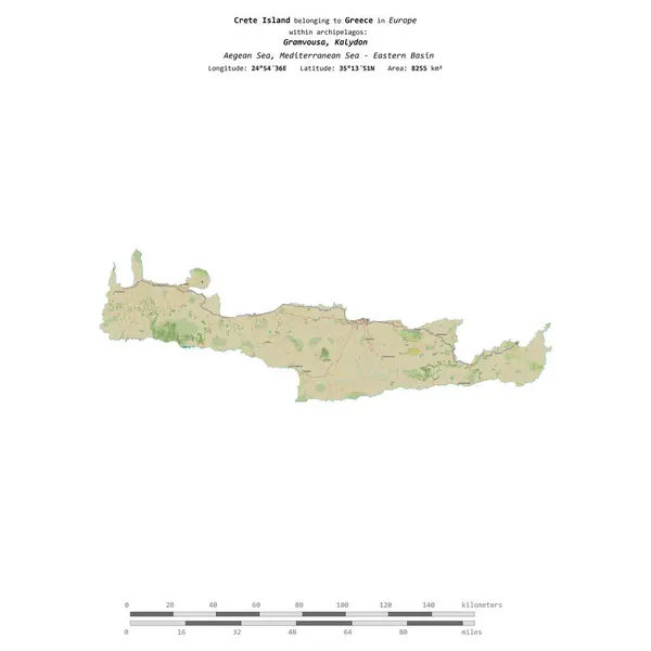 stock image Crete Island in the Aegean Sea, belonging to Greece, isolated on a topographic, OSM Humanitarian style map, with distance scale