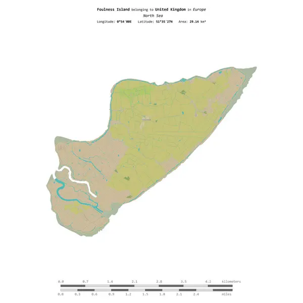 stock image Foulness Island in the North Sea, belonging to United Kingdom, isolated on a topographic, OSM Humanitarian style map, with distance scale