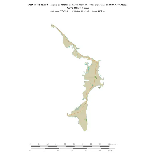 stock image Great Abaco Island in the North Atlantic Ocean, belonging to Bahamas, isolated on a topographic, OSM Humanitarian style map, with distance scale