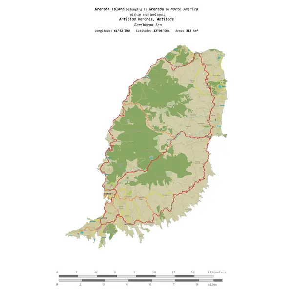 stock image Grenada Island in the Caribbean Sea, belonging to Grenada, isolated on a topographic, OSM Humanitarian style map, with distance scale