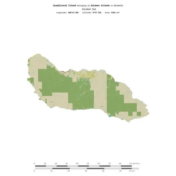 stock image Guadalcanal Island in the Solomon Sea, belonging to Solomon Islands, isolated on a topographic, OSM Humanitarian style map, with distance scale