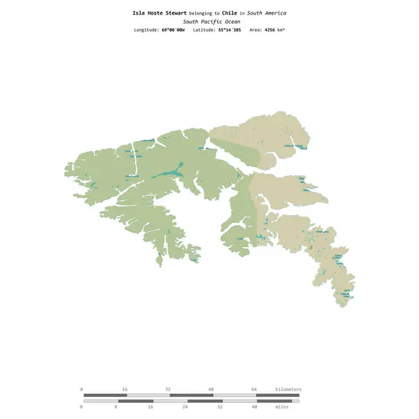 stock image Isla Hoste Stewart in the South Pacific Ocean, belonging to Chile, isolated on a topographic, OSM Humanitarian style map, with distance scale