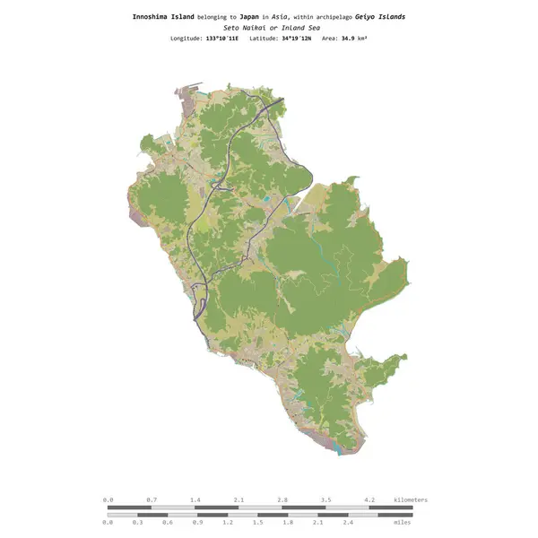 stock image Innoshima Island in the Seto Naikai or Inland Sea, belonging to Japan, isolated on a topographic, OSM Humanitarian style map, with distance scale