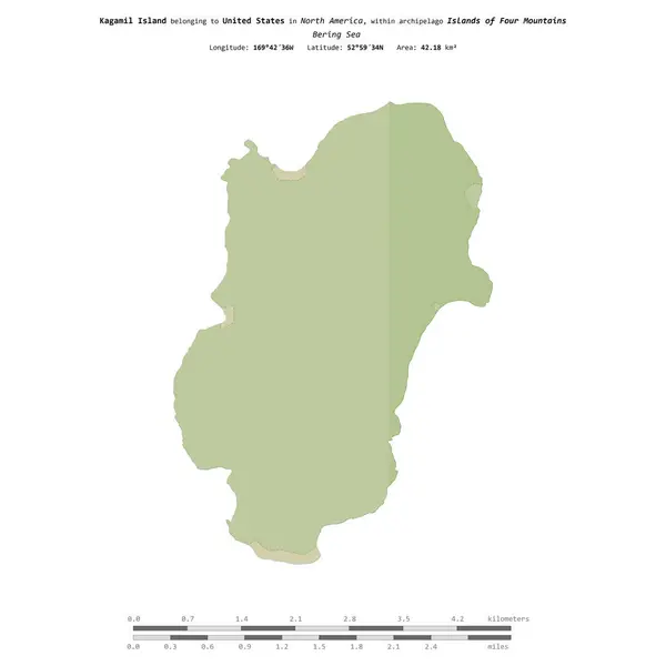 stock image Kagamil Island in the Bering Sea, belonging to United States, isolated on a topographic, OSM Humanitarian style map, with distance scale