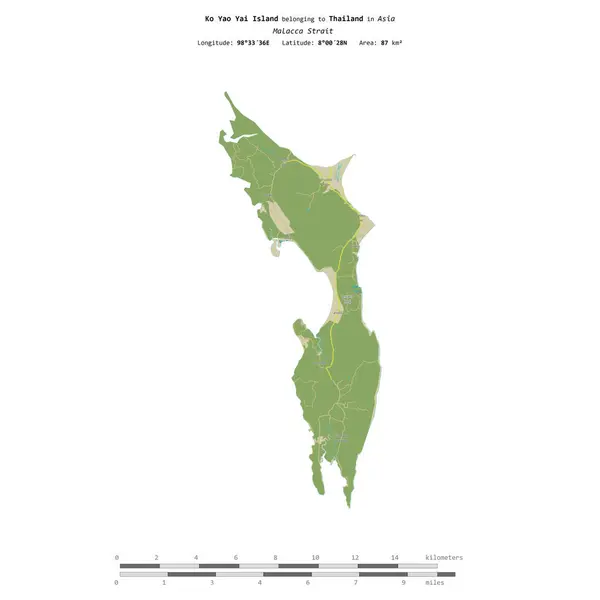 stock image Ko Yao Yai Island in the Malacca Strait, belonging to Thailand, isolated on a topographic, OSM Humanitarian style map, with distance scale