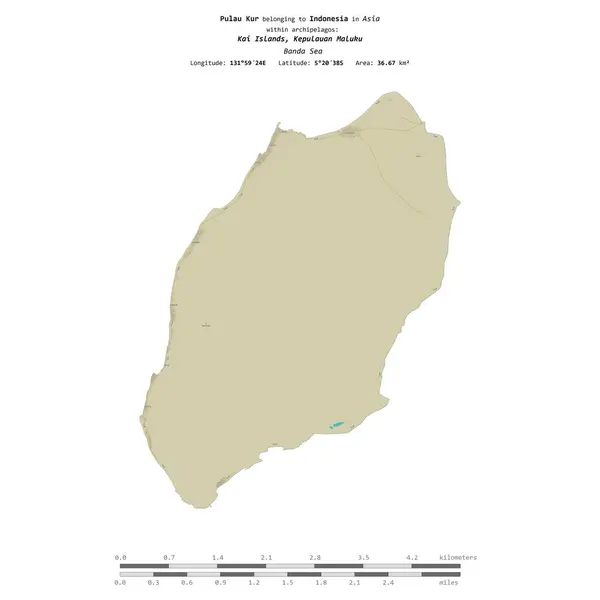 stock image Pulau Kur in the Banda Sea, belonging to Indonesia, isolated on a topographic, OSM Humanitarian style map, with distance scale