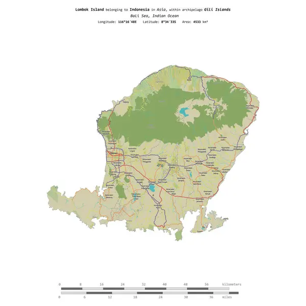 stock image Lombok Island in the Bali Sea, belonging to Indonesia, isolated on a topographic, OSM Humanitarian style map, with distance scale