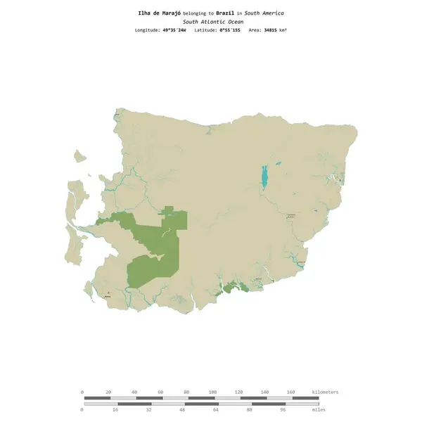 stock image Ilha de Marajo in the South Atlantic Ocean, belonging to Brazil, isolated on a topographic, OSM Humanitarian style map, with distance scale