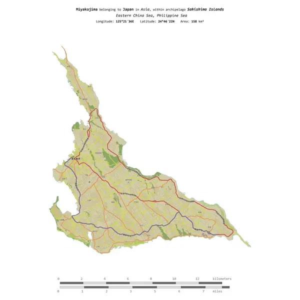 stock image Miyakojima in the Philippine Sea, belonging to Japan, isolated on a topographic, OSM Humanitarian style map, with distance scale
