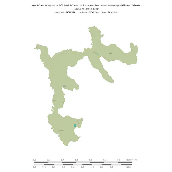 stock image New Island in the South Atlantic Ocean, belonging to Falkland Islands, isolated on a topographic, OSM Humanitarian style map, with distance scale