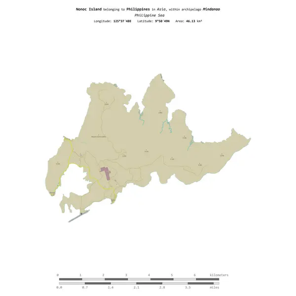 stock image Nonoc Island in the Philippine Sea, belonging to Philippines, isolated on a topographic, OSM Humanitarian style map, with distance scale