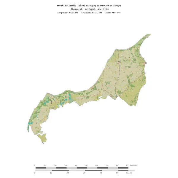 stock image North Jutlandic Island in the Kattegat, belonging to Denmark, isolated on a topographic, OSM Humanitarian style map, with distance scale