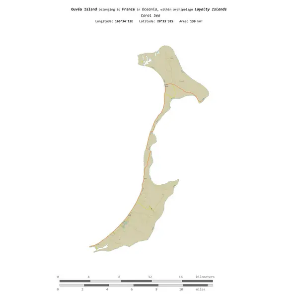 stock image Ouvea Island in the Coral Sea, belonging to France, isolated on a topographic, OSM Humanitarian style map, with distance scale