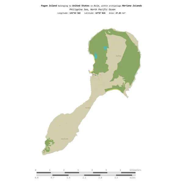 stock image Pagan Island in the Philippine Sea, belonging to United States, isolated on a topographic, OSM Humanitarian style map, with distance scale