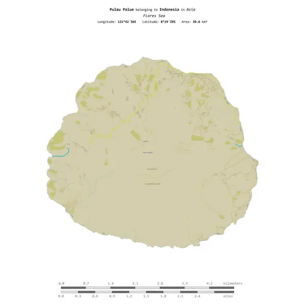 stock image Pulau Palue in the Flores Sea, belonging to Indonesia, isolated on a topographic, OSM Humanitarian style map, with distance scale