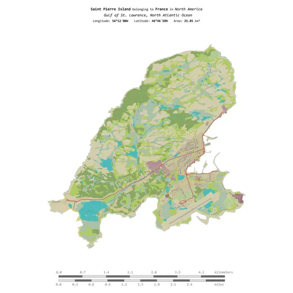 stock image Saint Pierre Island in the Gulf of St. Lawrence, belonging to France, isolated on a topographic, OSM Humanitarian style map, with distance scale