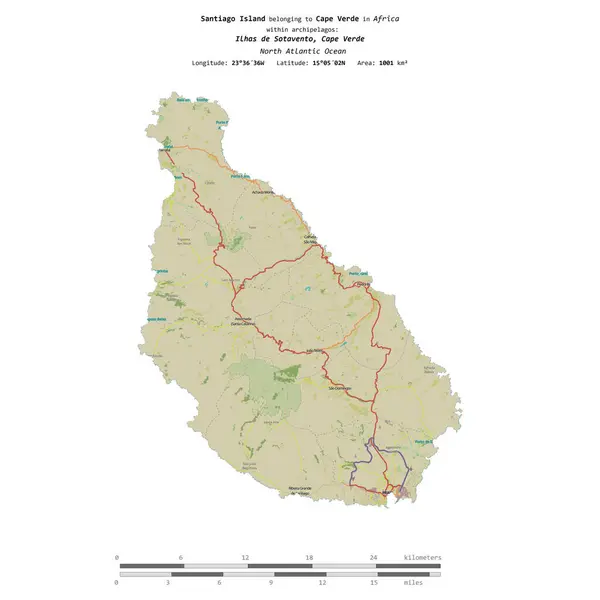 stock image Santiago Island in the North Atlantic Ocean, belonging to Cape Verde, isolated on a topographic, OSM Humanitarian style map, with distance scale