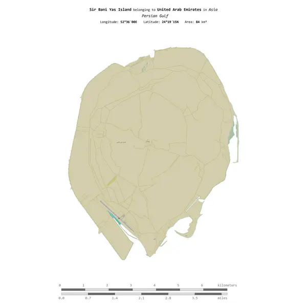 stock image Sir Bani Yas Island in the Persian Gulf, belonging to United Arab Emirates, isolated on a topographic, OSM Humanitarian style map, with distance scale