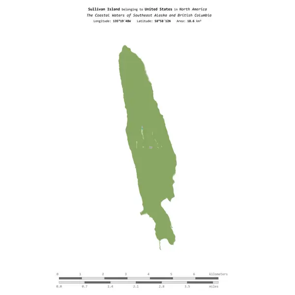 stock image Sullivan Island in the The Coastal Waters of Southeast Alaska and British Columbia, belonging to United States, isolated on a topographic, OSM Humanitarian style map, with distance scale