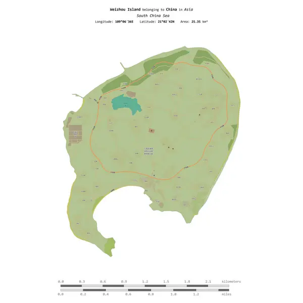 stock image Weizhou Island in the South China Sea, belonging to China, isolated on a topographic, OSM Humanitarian style map, with distance scale