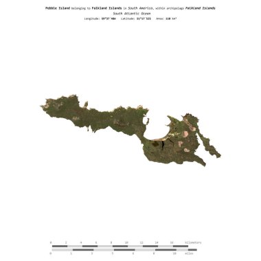 Pebble Island in the South Atlantic Ocean, belonging to Falkland Islands, isolated on a satellite image taken in January 17, 2024, with distance scale clipart