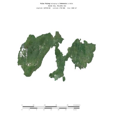 Pulau Peleng in the Banda Sea, belonging to Indonesia, isolated on a satellite image taken in November 25, 2017, with distance scale clipart