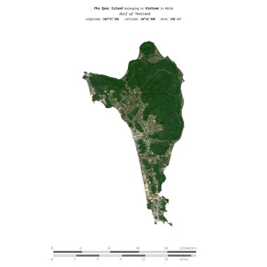 Phu Quoc Island in the Gulf of Thailand, belonging to Vietnam, isolated on a satellite image taken in December 21, 2023, with distance scale clipart