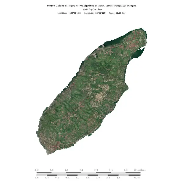 stock image Ponson Island in the Philippine Sea, belonging to Philippines, isolated on a satellite image taken in April 6, 2020, with distance scale