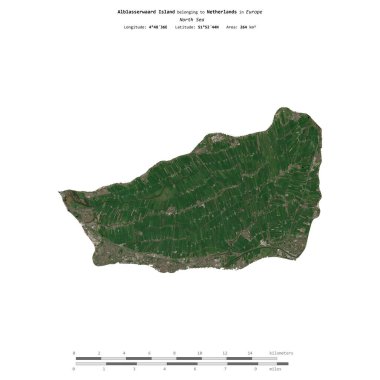Alblasserwaard Island in the North Sea, belonging to Netherlands, isolated on a satellite image taken in April 20, 2020, with distance scale clipart