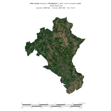Anda Island in the South China Sea, belonging to Philippines, isolated on a satellite image taken in December 31, 2021, with distance scale clipart