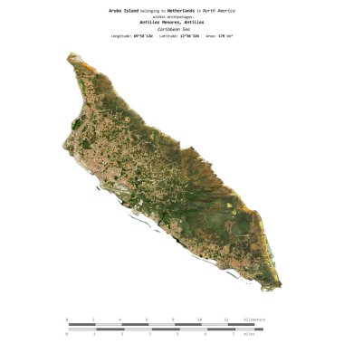 Aruba Island in the Caribbean Sea, belonging to Netherlands, isolated on a satellite image taken in January 30, 2021, with distance scale clipart