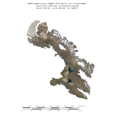 Kanada 'ya ait Baffin Körfezi' ndeki Baffin Adası, 2 Haziran 2015 'te uzaklık ölçeğinde çekilmiş bir uydu görüntüsü ile izole edilmiştir.