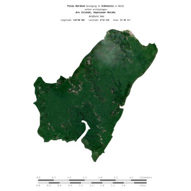 Pulau Barakan in the Arafura Sea, belonging to Indonesia, isolated on a satellite image taken in April 27, 2019, with distance scale clipart