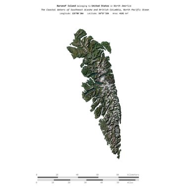 Baranof Island in the North Pacific Ocean, belonging to United States, isolated on a satellite image taken in February 26, 2011, with distance scale clipart