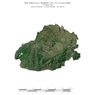 Bohol Island in the Philippine Sea, belonging to Philippines, isolated on a satellite image taken in February 9, 2018, with distance scale clipart