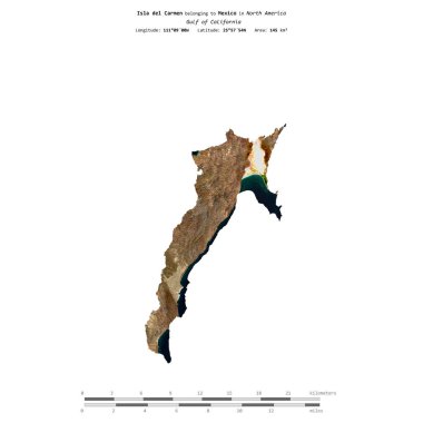 Isla del Carmen in the Gulf of California, belonging to Mexico, isolated on a satellite image taken in September 18, 2023, with distance scale clipart