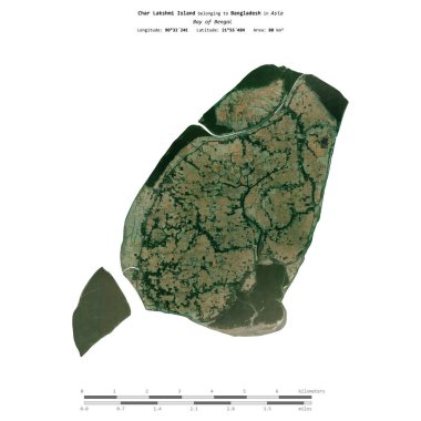 Char Lakshmi Island in the Bay of Bengal, belonging to Bangladesh, isolated on a satellite image taken in October 19, 2020, with distance scale clipart