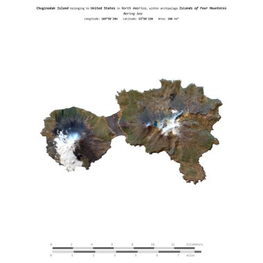 Chuginadak Island in the Bering Sea, belonging to United States, isolated on a satellite image taken in November 19, 2017, with distance scale clipart