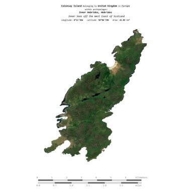 Colonsay Island in the Inner Seas off the West Coast of Scotland, belonging to United Kingdom, isolated on a satellite image taken in March 15, 2024, with distance scale clipart