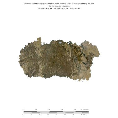 Cornwall Island in the The Northwestern Passages, belonging to Canada, isolated on a satellite image taken in February 13, 2013, with distance scale clipart