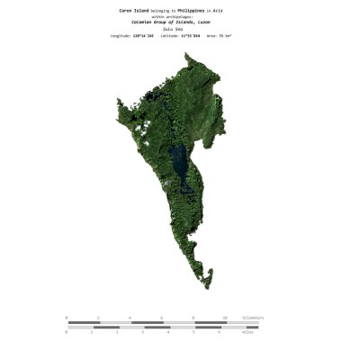 Coron Island in the Sulu Sea, belonging to Philippines, isolated on a satellite image taken in December 28, 2023, with distance scale clipart