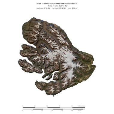 Grönland 'a ait Baffin Körfezi' ndeki Disko Adası 13 Ağustos 2017 'de çekilmiş bir uydu görüntüsüyle izole edildi.
