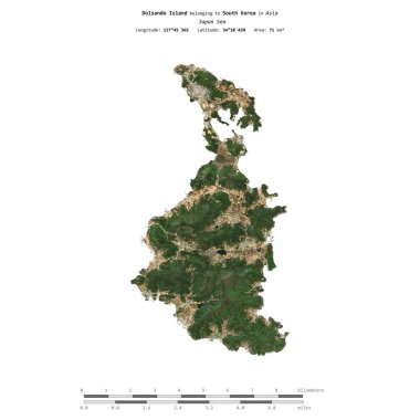 Japonya Denizi 'ndeki Dolsando Adası, 9 Nisan 2023' te uzaklık ölçeğinde çekilmiş bir uydu görüntüsü ile izole edilmiştir.
