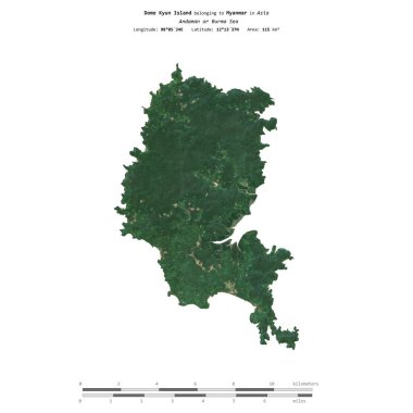 Andaman veya Burma Denizi 'ndeki Kubbe Kyun Adası, Myanmar' a ait, 20 Aralık 2023 'te çekilmiş bir uydu görüntüsüyle izole edilmiş, mesafe ölçeğinde.