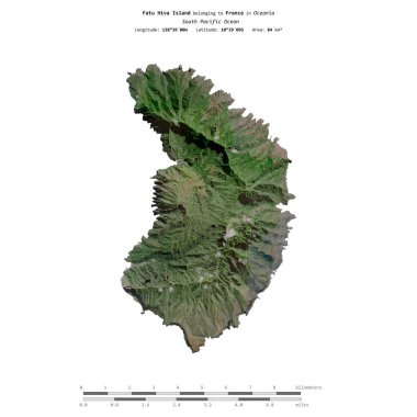 Fatu Hiva Island in the South Pacific Ocean, belonging to France, isolated on a satellite image taken in July 19, 2020, with distance scale clipart