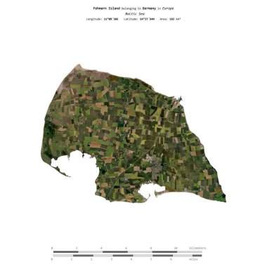 Fehmarn Island in the Baltic Sea, belonging to Germany, isolated on a satellite image taken in February 28, 2023, with distance scale clipart