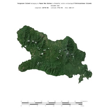 Solomon Denizi 'ndeki Fergusson Adası, Papua Yeni Gine' ye ait. 19 Temmuz 2023 tarihli uydu görüntüsü ile izole edilmiş.
